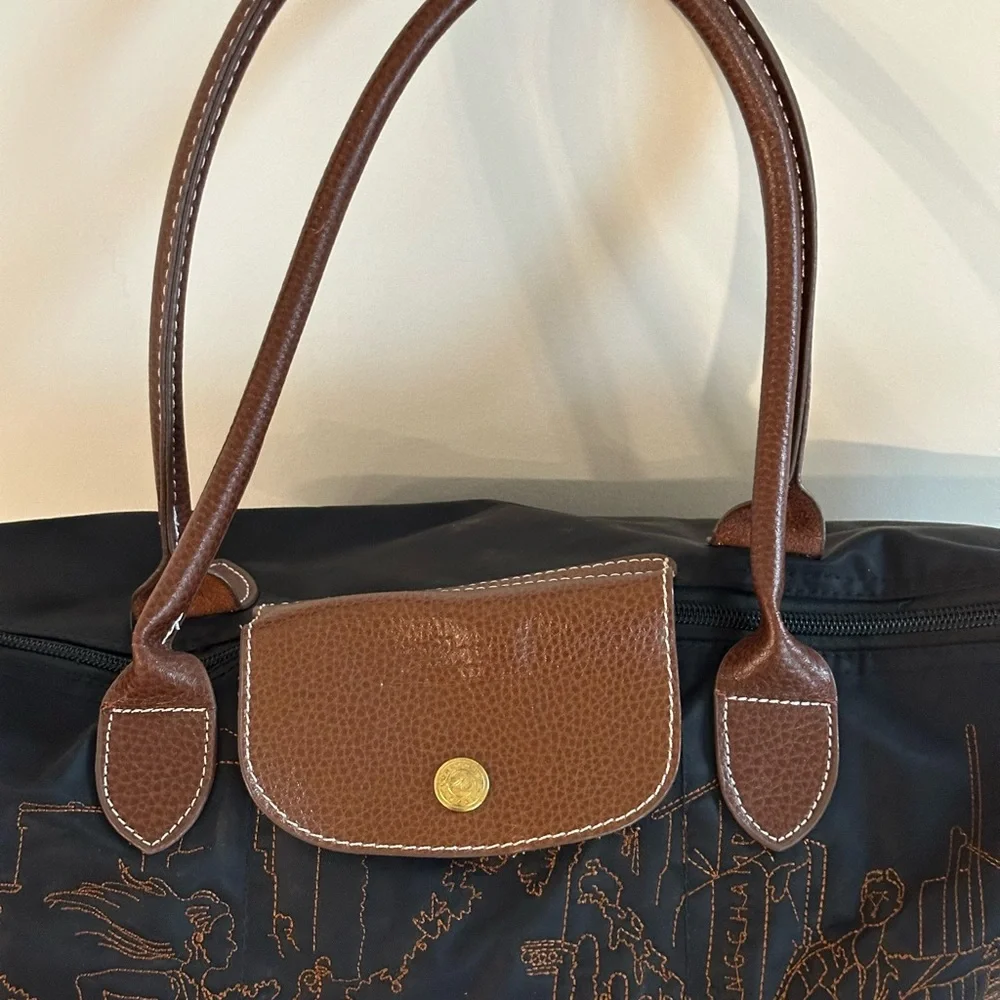 limited-edition Longchamp Le Pliage embroidered tote bag black and brown - Picture 9 of 12
